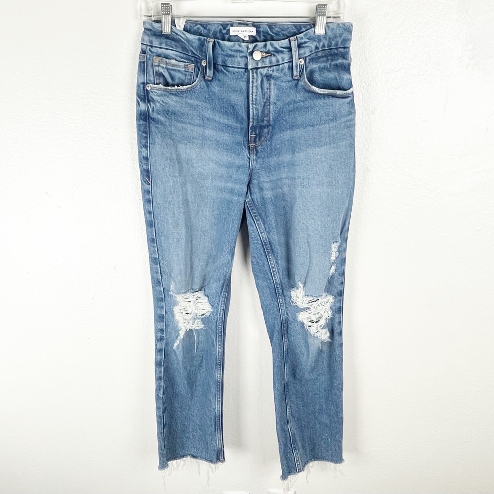 GOOD AMERICAN Good Icon Festival Rips Light Wash Distressed Cropped Jeans 26